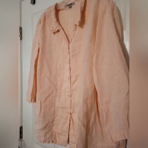 FLAX Womens LINEN Peach 3/4 Sleeve Blouse Buttondown Lagenlook Minimalist